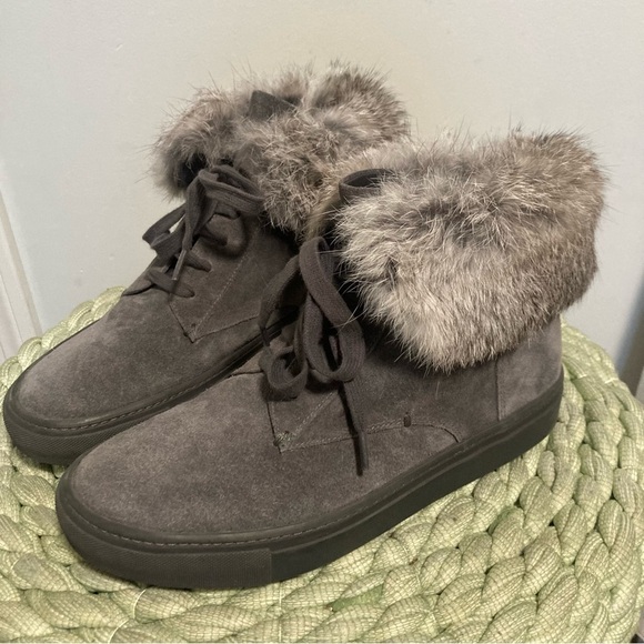 Vince Nyack Rabbit Fur-Cuff High Top Lace Up Sneaker in Graphite Gray Suede - Picture 1 of 10